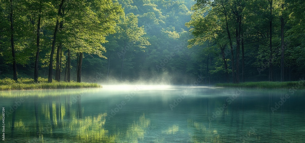 Serene Morning Mist over a Tranquil Forest Lake Serene Morning Mist over a Tranquil Forest Lake