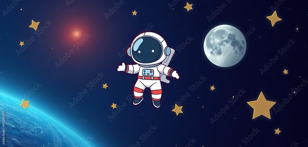 Naklejka premium Cute cartoon astronaut floats amidst stars between Earth and Moon, universe, travel