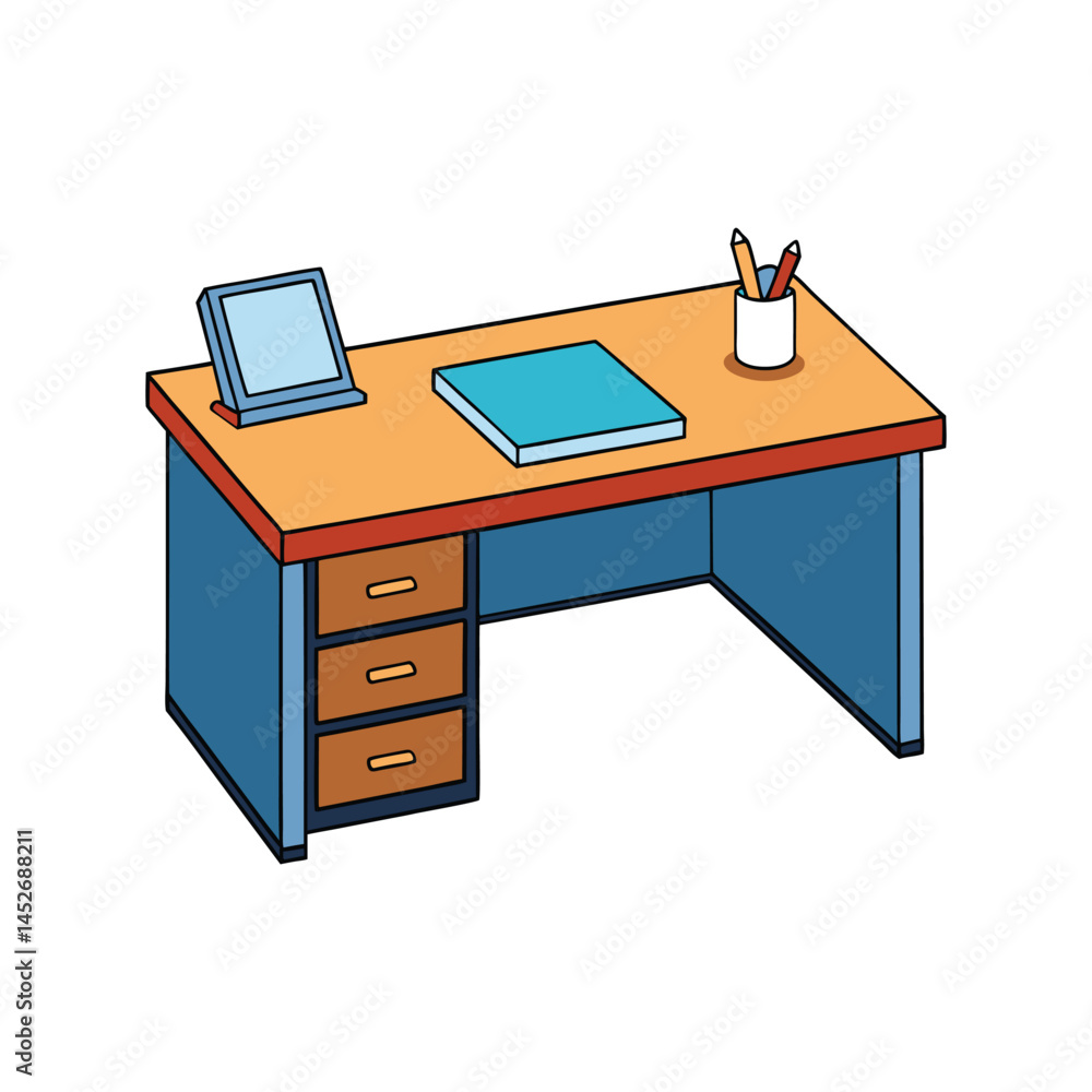 Office desk vector illustration, modern workstation with computer and supplies, workspace interior design isolated graphic Office desk vector illustration, modern workstation with computer and supplies, workspace interior design isolated graphic