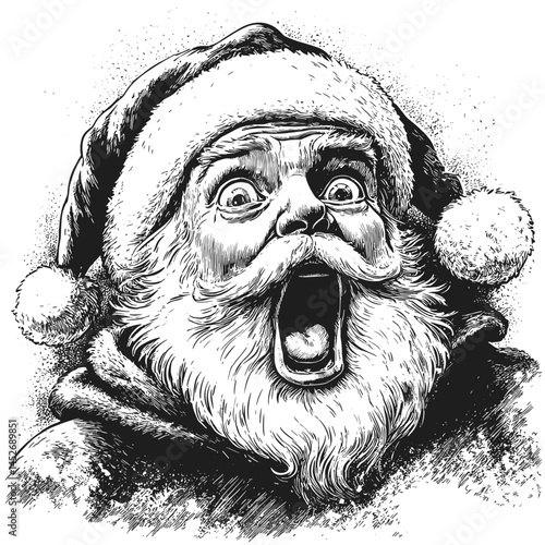 Amazed Santa Claus, woodcut style vector illustration, black sketch, vintage engraving, surprised Santa, retro art, Christmas drawing, holiday character line art, winter season design