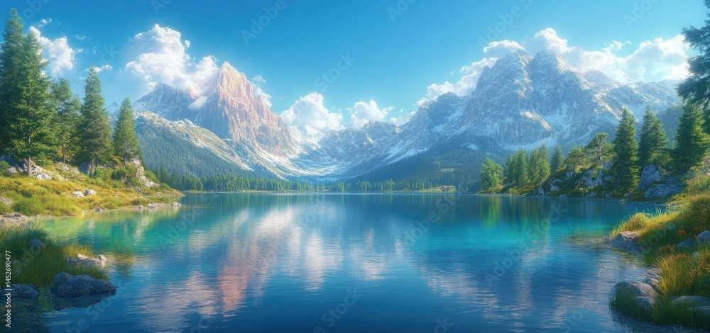 Fototapeta premium Serene Mountain Lake Reflection: A Breathtaking Alpine Vista