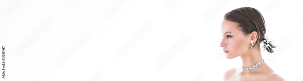 Banner with studio beauty portrait of teen beautiful girl against white background.