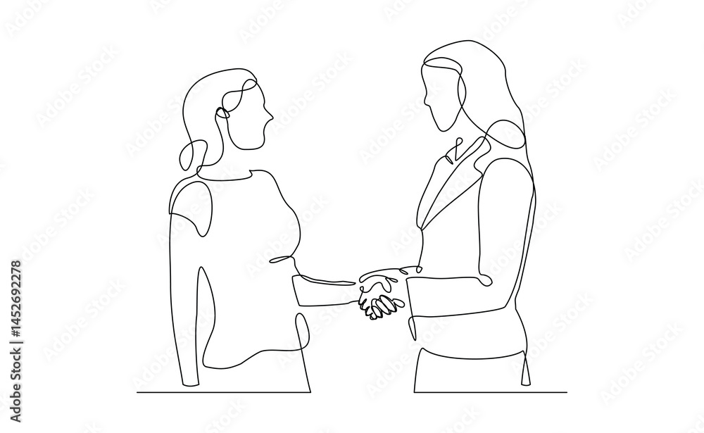 Continuous line drawing of two business woman shaking hands from top view. Big deal business concept sketch drawing editable stroke vector illustration Continuous line drawing of two business woman shaking hands from top view. Big deal business concept sketch drawing editable stroke vector illustration