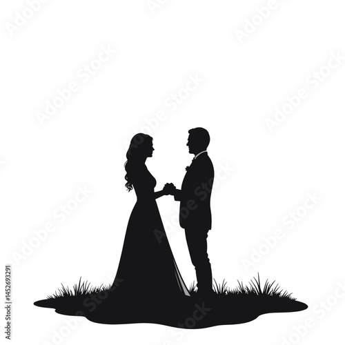 Wedding couple silhouette, black and white, romantic, for invitations