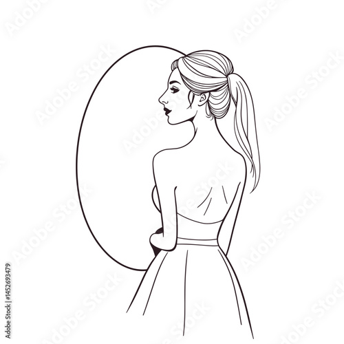 Woman in dress, back view, line art illustration, elegant style, monochrome palette, for fashion design