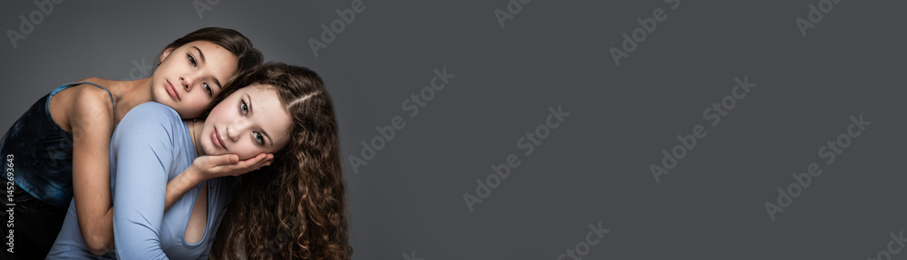 Banner with studio portrait of two beautiful sisters in blue shirts against gray background