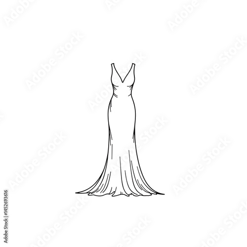 Elegant dress sketch, minimalist line art, for fashion design