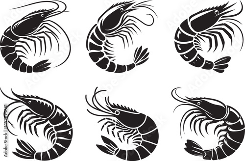 Simple shrimp silhouette vector set, shrimp fish icon art on a white background