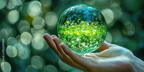 Green microcosm shimmering inside hand-blown glass