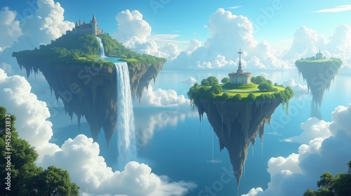 Vibrant, high-resolution stock photo of majestic giant floating islands suspended in the sky, set against a dramatic, wispy cloud-filled blue horizon, in a fantastical, mystical world