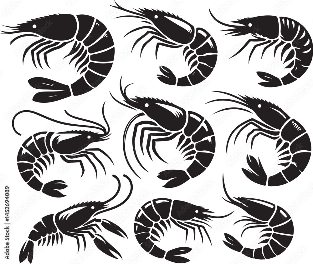 Naklejka premium Simple shrimp silhouette vector set, shrimp fish icon art on a white background