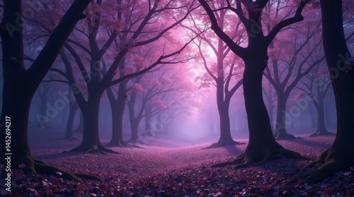 High-resolution stock photo of an enchanting fairytale forest at dusk, featuring majestic purple trees with delicate, wispy branches and intricate trunks