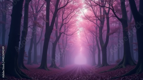 High-resolution stock photo of an enchanting fairytale forest at dusk, featuring majestic purple trees with delicate, wispy branches and intricate trunks