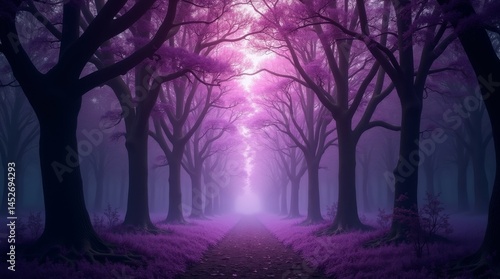 High-resolution stock photo of an enchanting fairytale forest at dusk, featuring majestic purple trees with delicate, wispy branches and intricate trunks