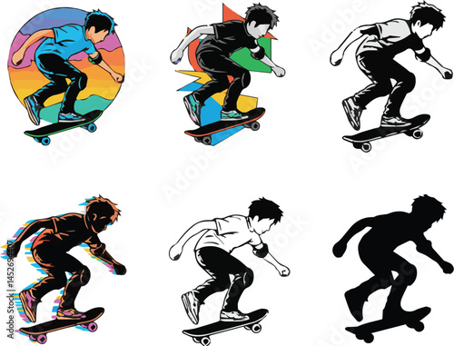 Different styles of a boy enjoying with skateboard black silhouette and colorful illustration on white background