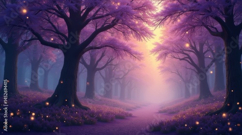 High-resolution stock photo of an enchanting fairytale forest at dusk, featuring majestic purple trees with delicate, wispy branches and intricate trunks