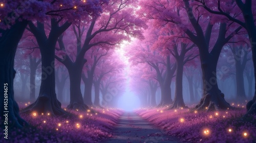 High-resolution stock photo of an enchanting fairytale forest at dusk, featuring majestic purple trees with delicate, wispy branches and intricate trunks