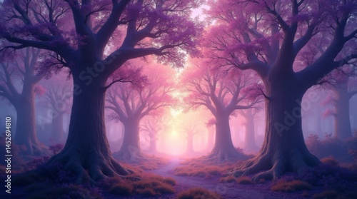 High-resolution stock photo of an enchanting fairytale forest at dusk, featuring majestic purple trees with delicate, wispy branches and intricate trunks