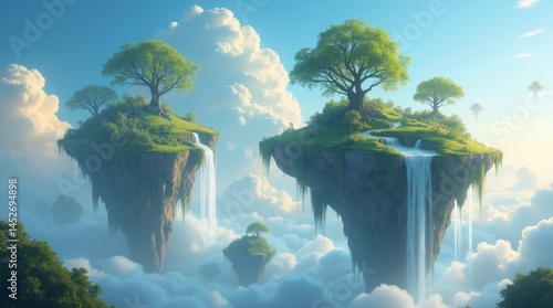 Vibrant, high-resolution stock photo of majestic giant floating islands suspended in the sky, set against a dramatic, wispy cloud-filled blue horizon, in a fantastical, mystical world
