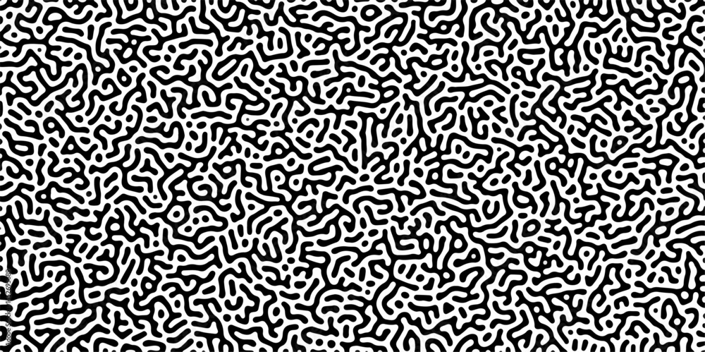 Fototapeta premium Abstract truing organic wallpaper Turing reaction diffusion monochrome seamless pattern with chaotic motion. Generative algorithm psychedelic background. Reaction-diffusion or truing pattern formation
