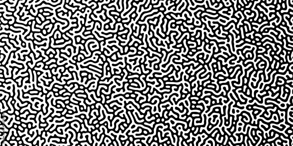 Fototapeta premium Abstract truing organic wallpaper Turing reaction diffusion monochrome seamless pattern with chaotic motion. Generative algorithm psychedelic background. Reaction-diffusion or truing pattern formation