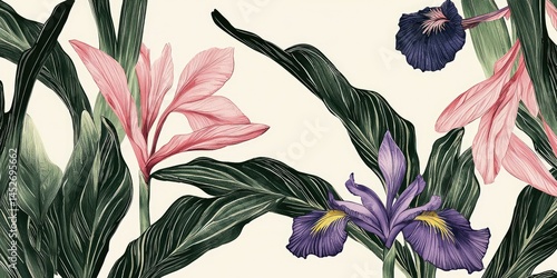 Hand-inked design with rhubarb, iris, and soft green leaves