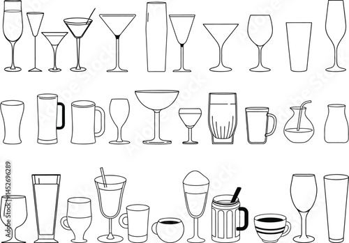 Vector icon set of various drinkware including cocktail, wine, beer, coffee, and juice glasses in line style, perfect for bar menus, beverage branding, cafes, and digital design elements.