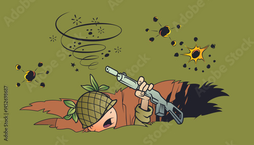 Soldier in pit under fire.