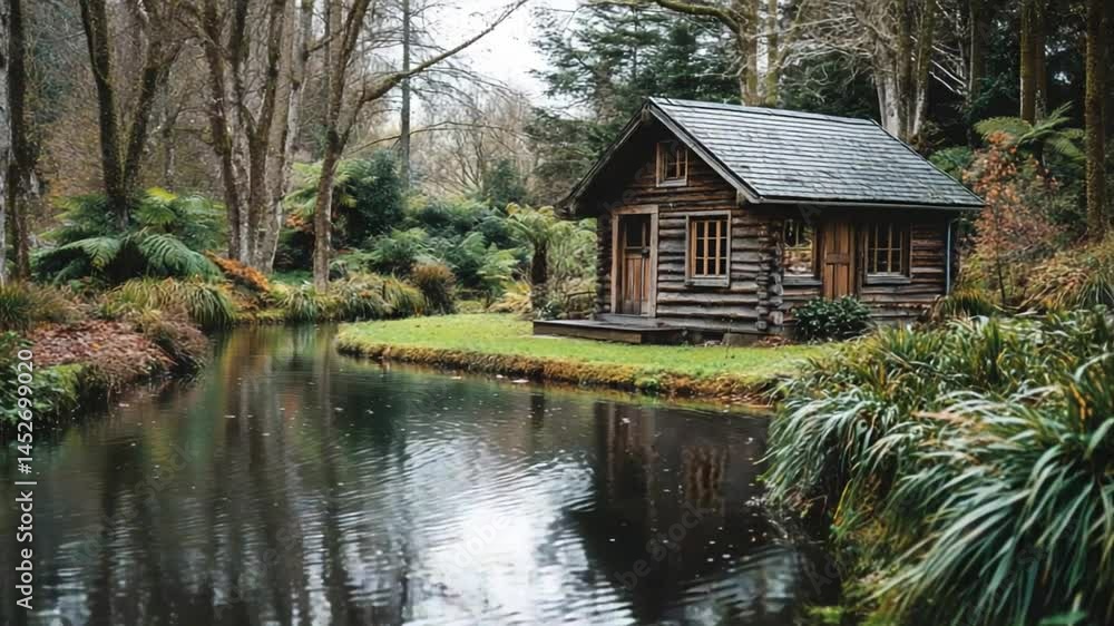 A small rustic cabin beside a calm lake A small rustic cabin beside a calm lake