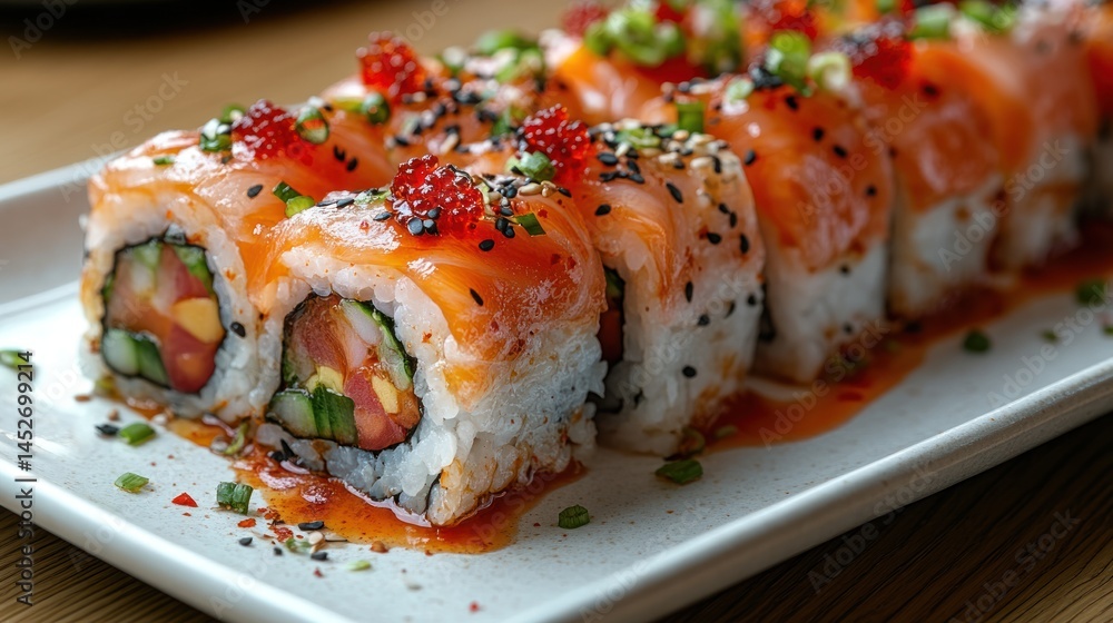 Salmon sushi rolls on a white plate with garnish and sauce. Salmon sushi rolls on a white plate with garnish and sauce.
