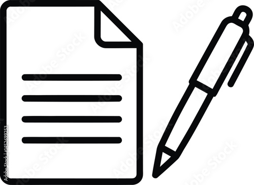 Writing Document and Pen: A clean and simple overhead perspective of a blank document and pen, ready for the first sentence of a big idea, and perfect for illustrating the act of drafting, writing.