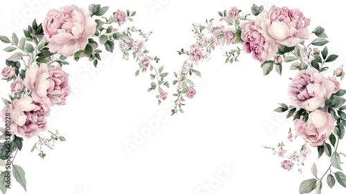 Fototapeta Naklejka Na Ścianę i Meble -  Set of floral wedding arches with pink peonies and delicate vines on a white background