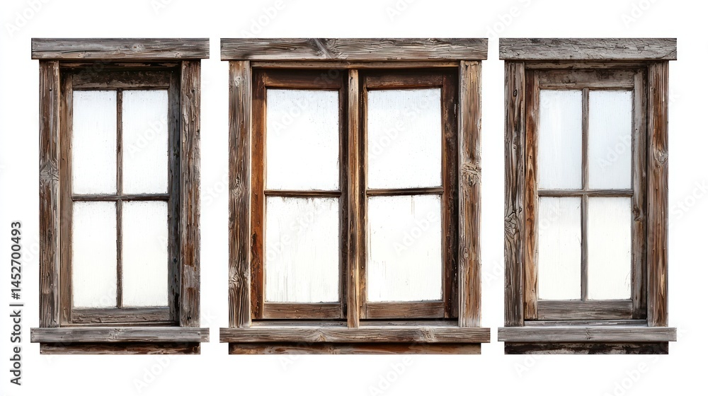 Obraz premium Set of four wooden windows in different sizes with plain glass and worn-out wooden frames on white background.