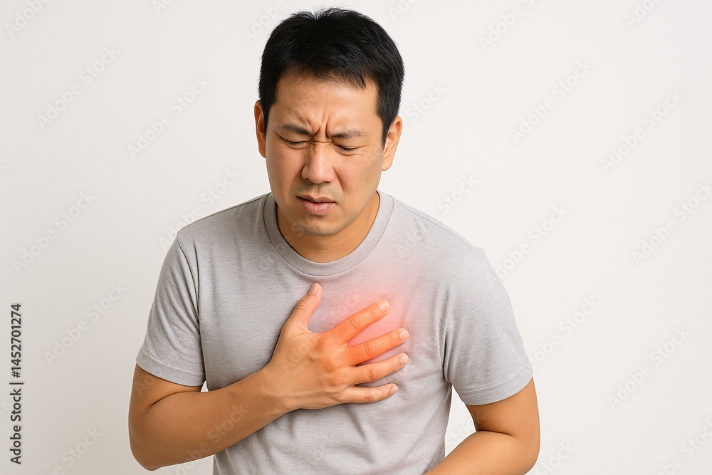 Man Experiencing Chest Pain with Stress Expression - Health and Medical Concept Man Experiencing Chest Pain with Stress Expression - Health and Medical Concept