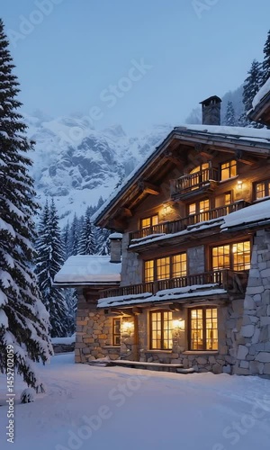 Wallpaper Mural Luxury Alpine Chalet Hotel Built from Reclaimed Timber and Stone, Nestled in Snowy Mountainside with Warm Lighting, Cozy, Rich Textures, and Inviting Winter Ambiance in Natural Surroundings Torontodigital.ca