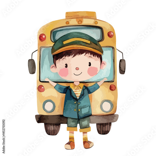 watercolor illustration of boy Bus Conductor clipart isolated