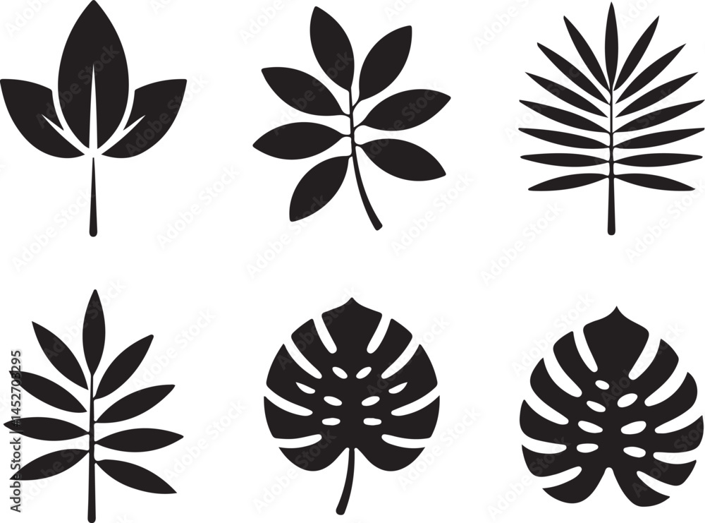 Obraz premium Tropical Leaf icon set silhouette vector illustration on transparent background.