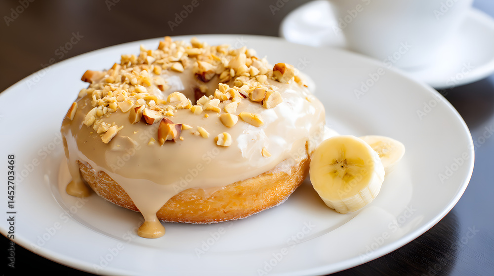 Creamy Peanut Dipped Banana Bread Style Donut Topped with Chopped Nuts on a White Plate Creamy Peanut Dipped Banana Bread Style Donut Topped with Chopped Nuts on a White Plate