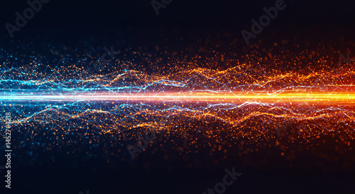 Abstract digital network background banner with glowing light and connecting data dots in blue orange and red colors. Generative AI.