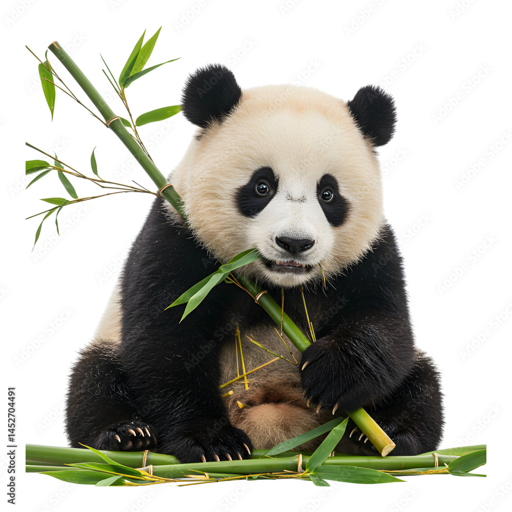Fototapeta premium Panda munching on bamboo, facing forward with a content expression