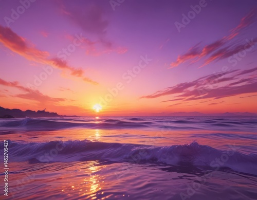 Fluid orange purple sunset, painterly wash effect ,  brushstroke,  peaceful