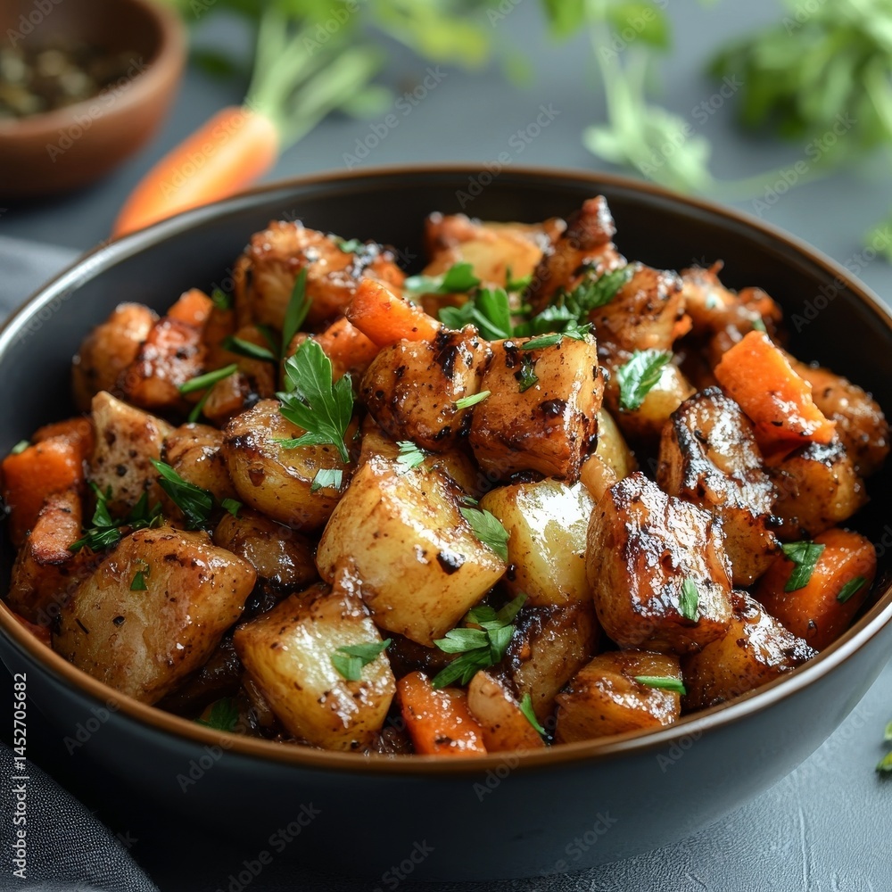 Fototapeta premium Meat, potatoes, carrots, bowl, table