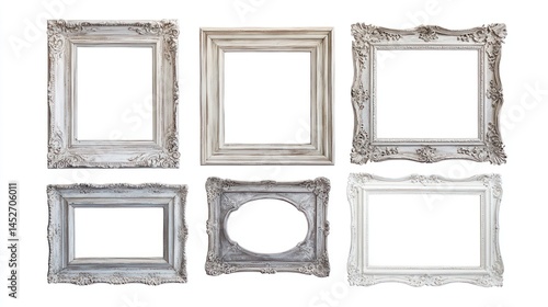 Set of rectangular wooden frames with faded gray finish and ornate details on white background.