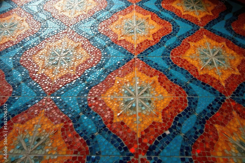 Intricate tile floor mosaic forming geometric shapes, complex, ceramic Intricate tile floor mosaic forming geometric shapes, complex, ceramic