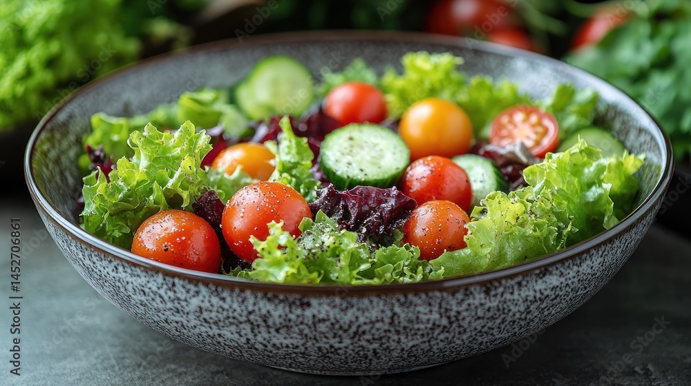 Fresh salad with lettuce tomatoes and cucumbers in a bowl on a table. Fresh salad with lettuce tomatoes and cucumbers in a bowl on a table.