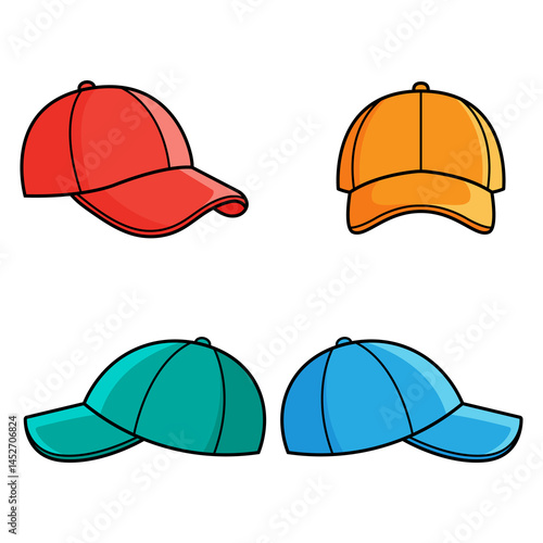 Set of baseball caps, front and side view different perspectives sport cap illustration
