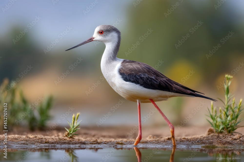 Fototapeta premium Black Winged Stilt Bird Wading Water
