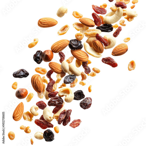 flying nuts and dried fruits isolated on transparent white background, clipping path