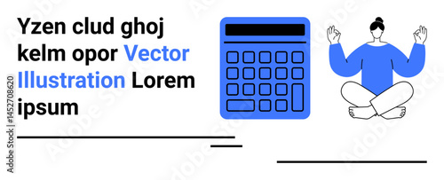 Calculator alongside a meditating person in lotus pose, combining productivity with mindfulness. Ideal for finance, meditation, mood balance, work-life harmony, stress management, productivity apps