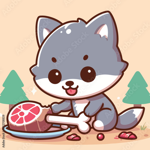 vector image of cute wolf eating meat